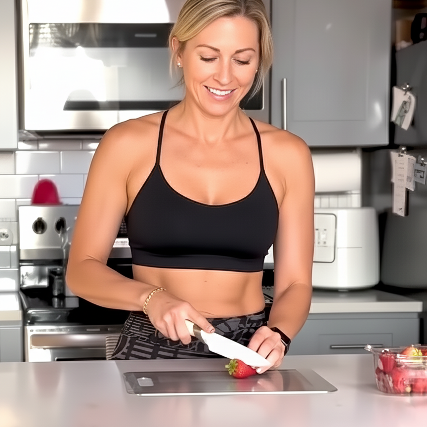 Woman in a kitchen cutting strawberries on a titanium cutting board.