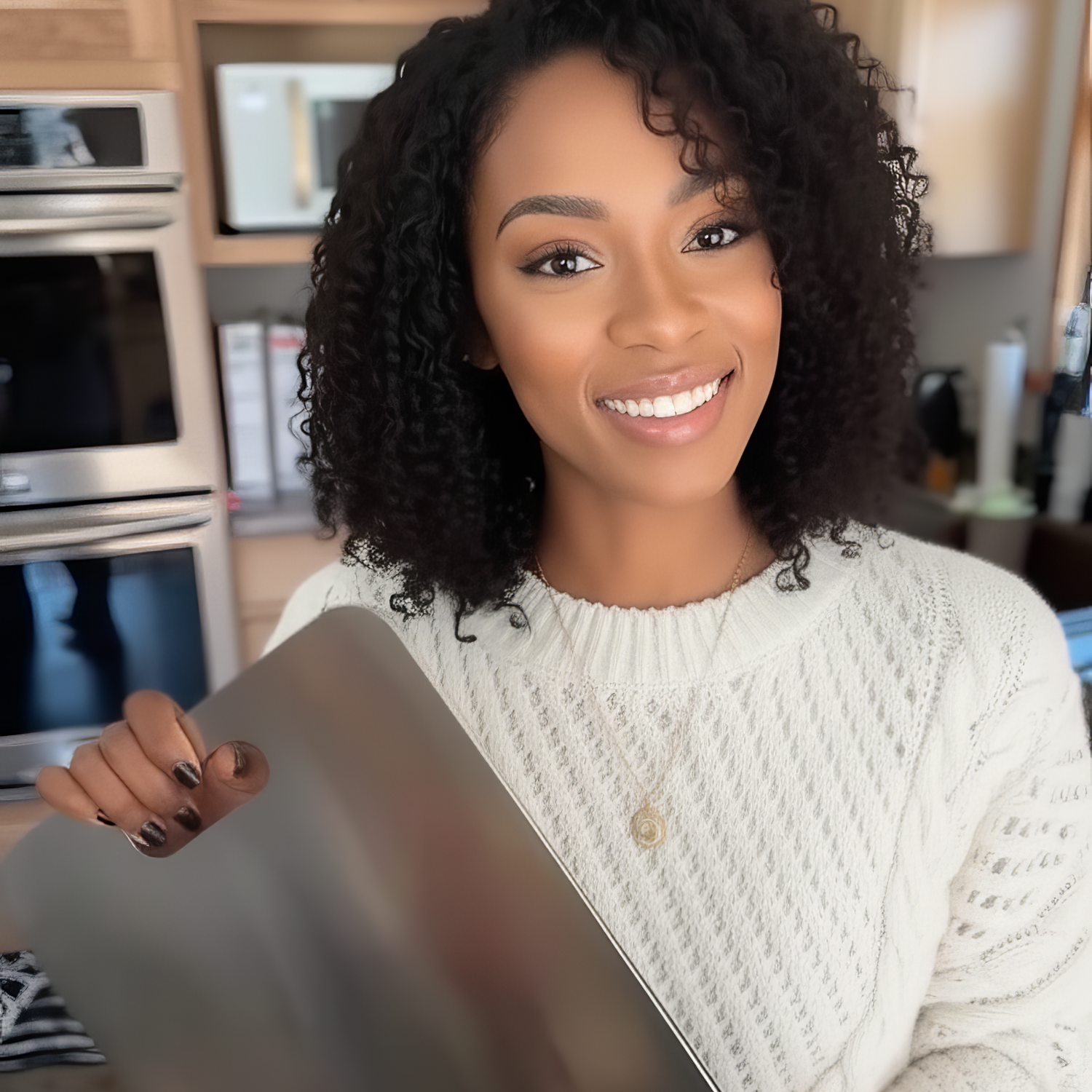 Woman holding a medium titanium cutting board in a kitchen
